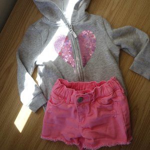 2T Girl's Sweatshirt && Shorts Set - Pink heart, sequin, Pink Denim Shorts